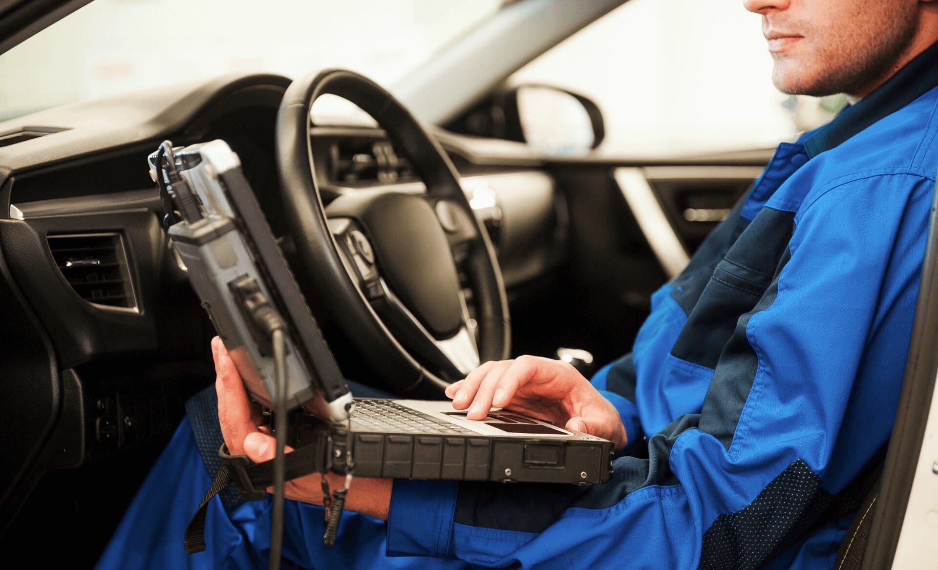 car mechanic, obd fault code errors diagnostic laptop, automotive workshop