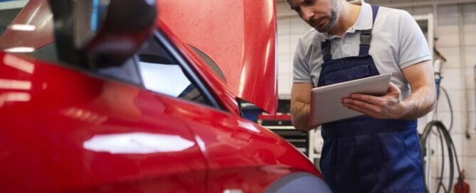 tech working on red suv