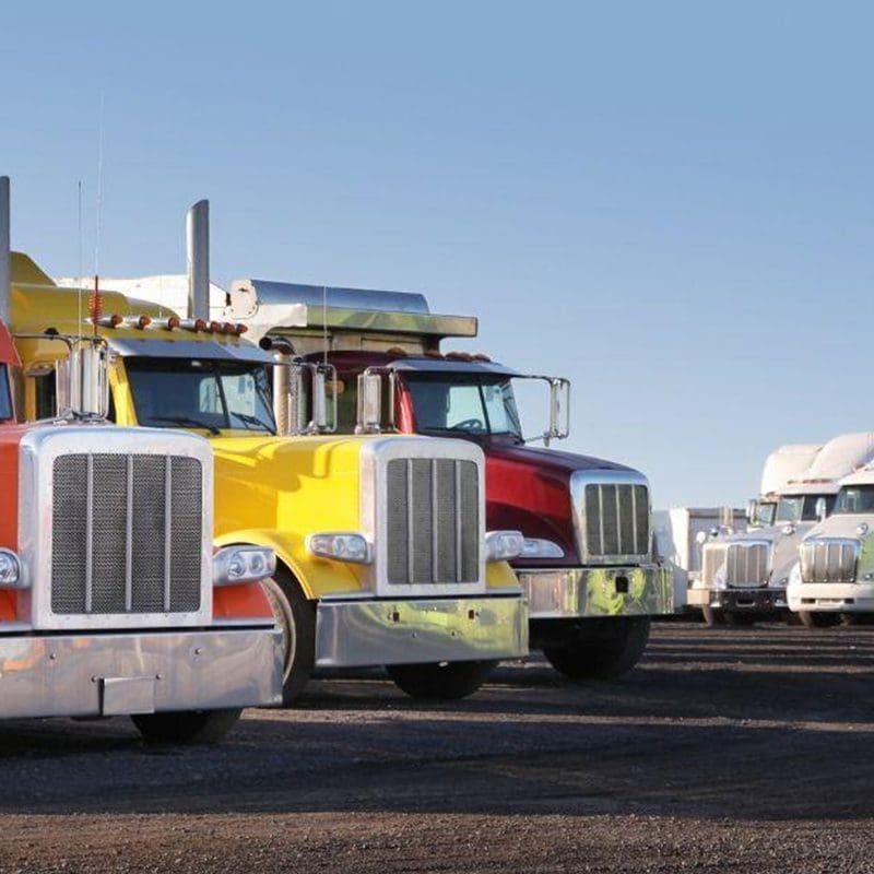 colorful semitrucks in parking lot