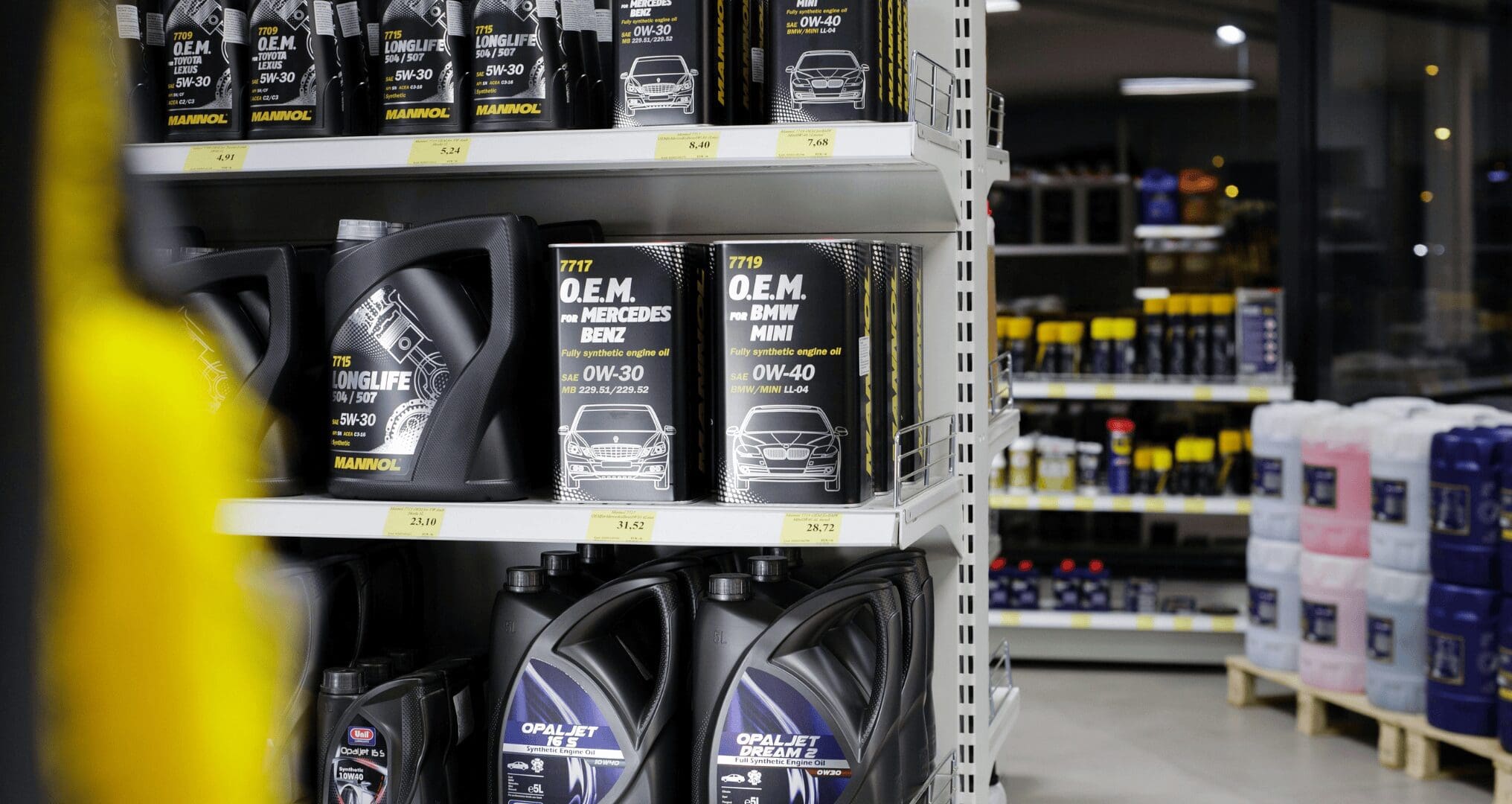 engine oil stacked on shelves