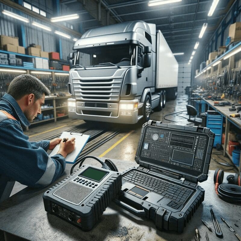 commercial diagnostic tools commercial vehicle technician doing maintenance checklist