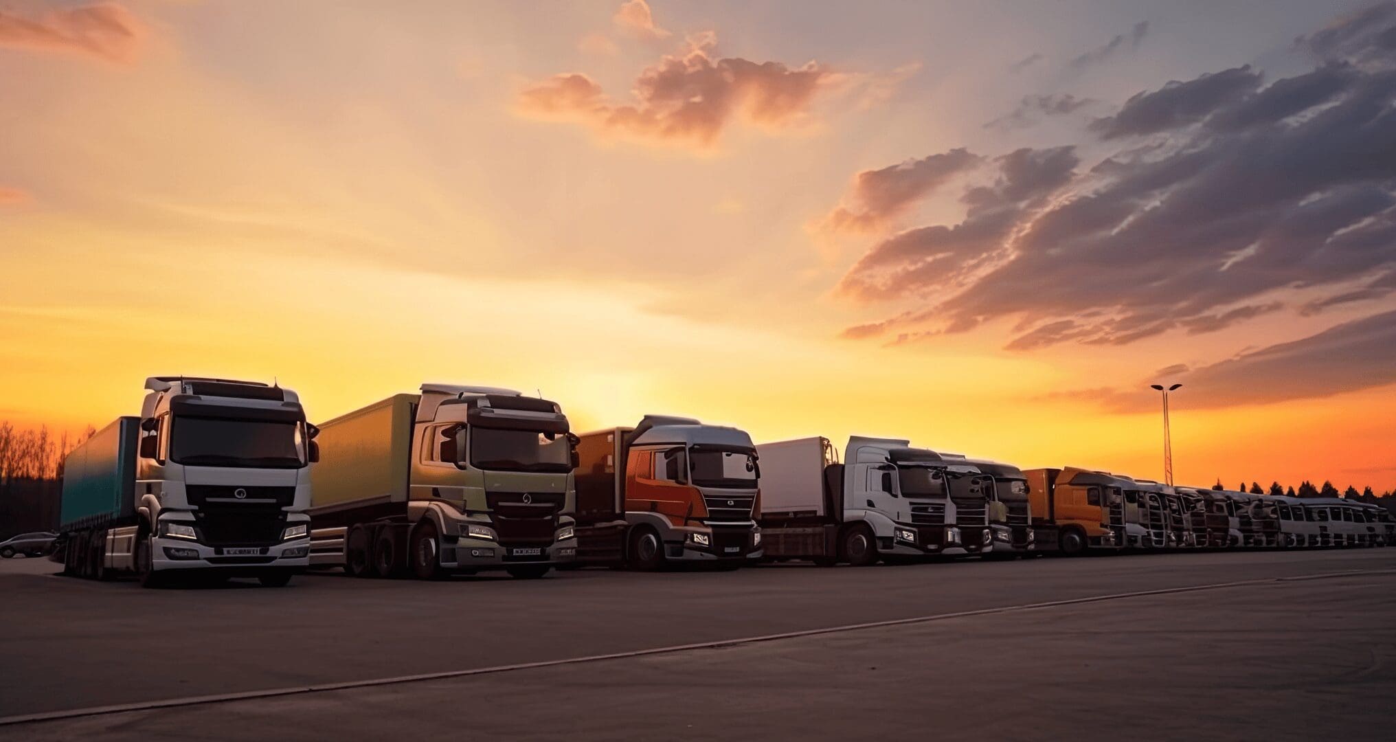 many-transport-trucks-parked-service-station-sunset