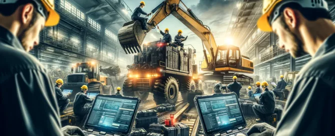 heavy-duty equipment management setting, featuring the use of rugged laptops like Panasonic Toughbooks and Getac Ruggedized Laptop
