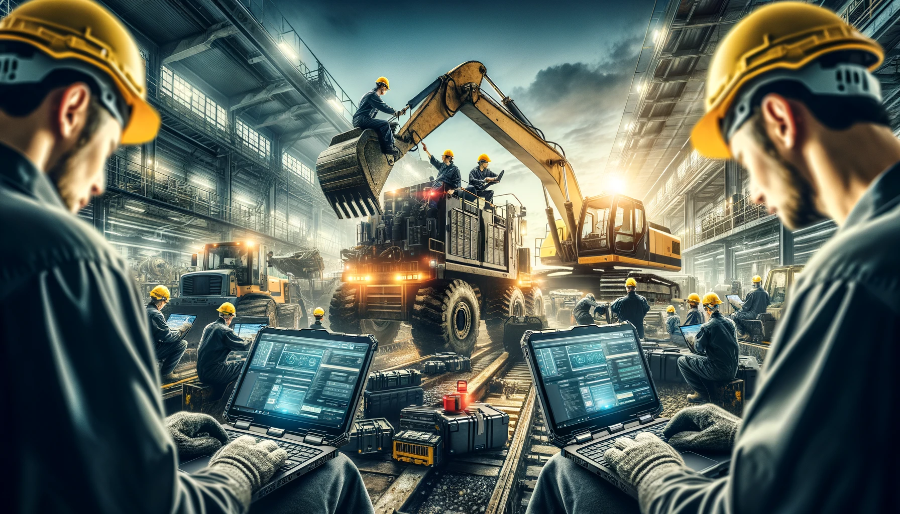 heavy-duty equipment management setting, featuring the use of rugged laptops like Panasonic Toughbooks and Getac Ruggedized Laptop