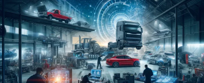 compelling and dynamic automotive workshop scene, illustrating the theme 'Navigating the competitive landscape of automotive and heavy-duty repair