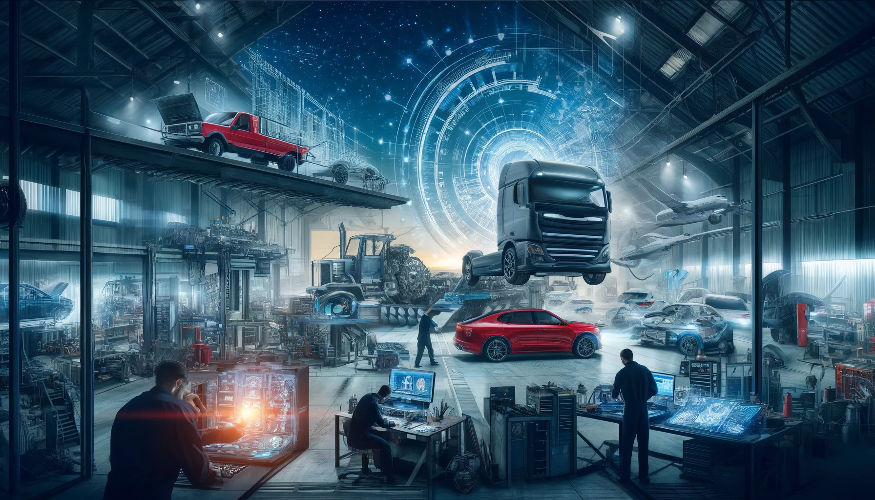 compelling and dynamic automotive workshop scene, illustrating the theme 'Navigating the competitive landscape of automotive and heavy-duty repair