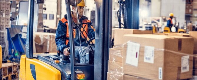 forklift used for material handling of heavy packages in warehouse
