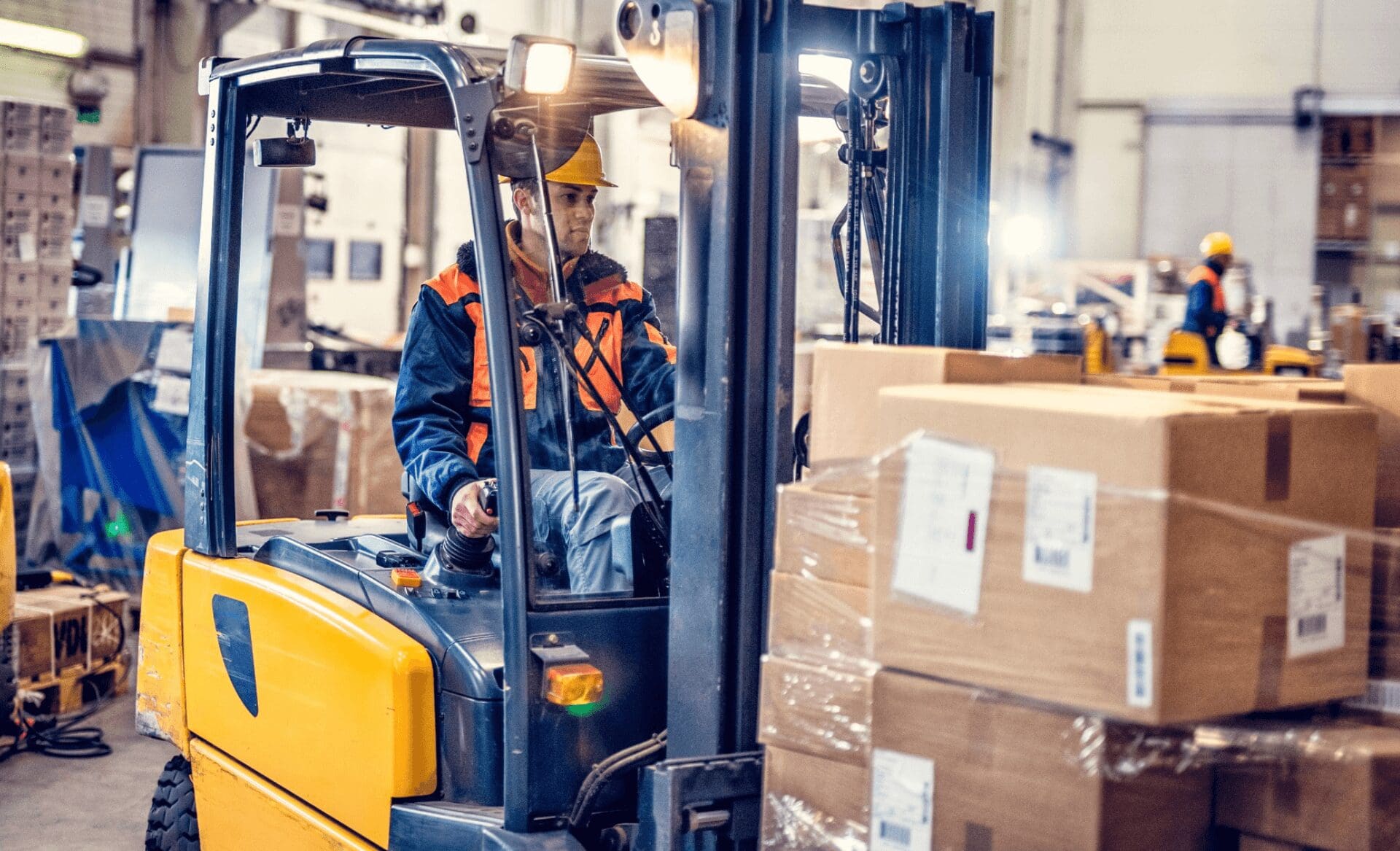forklift used for material handling of heavy packages in warehouse