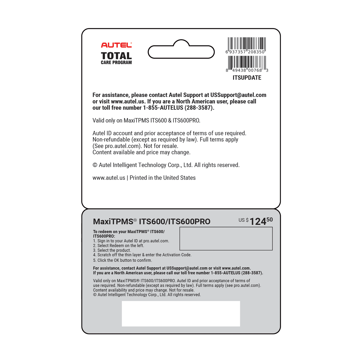 Autel ITS600PRO 1-Year Software & Warranty Card - Image 2