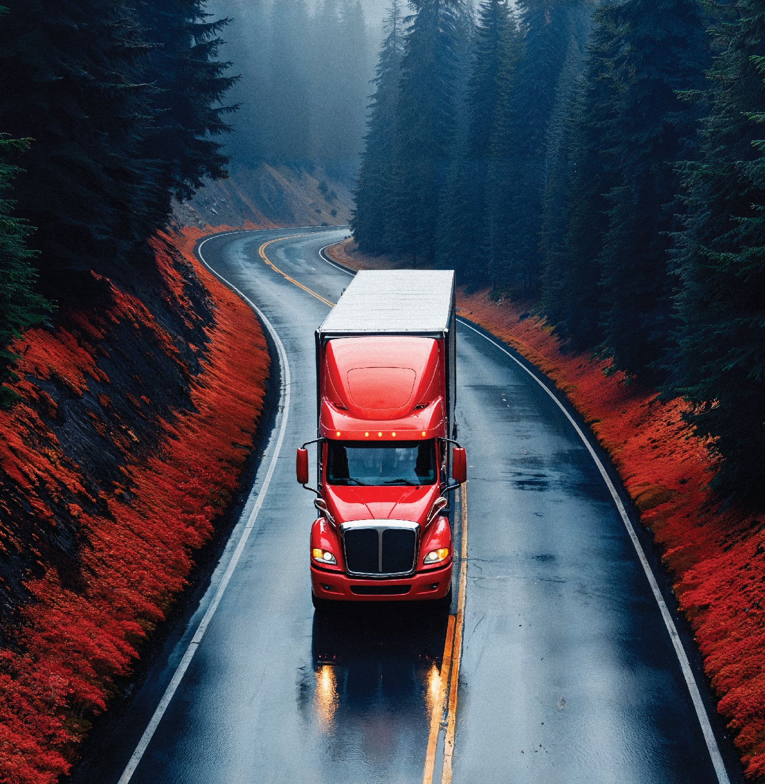 semi winding through curved mountainsCommercial vehicle