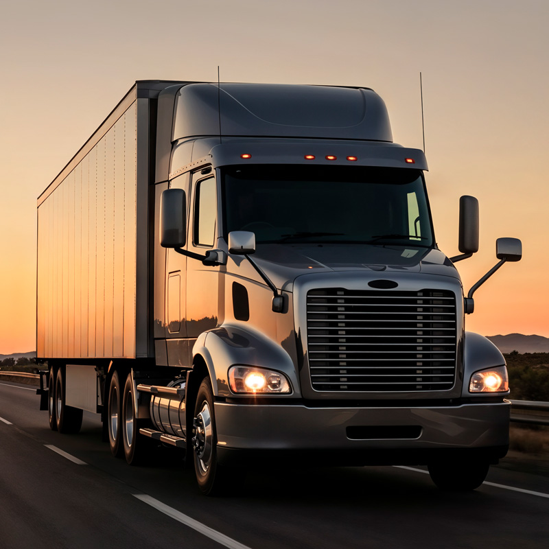 semi truck driving through sunset