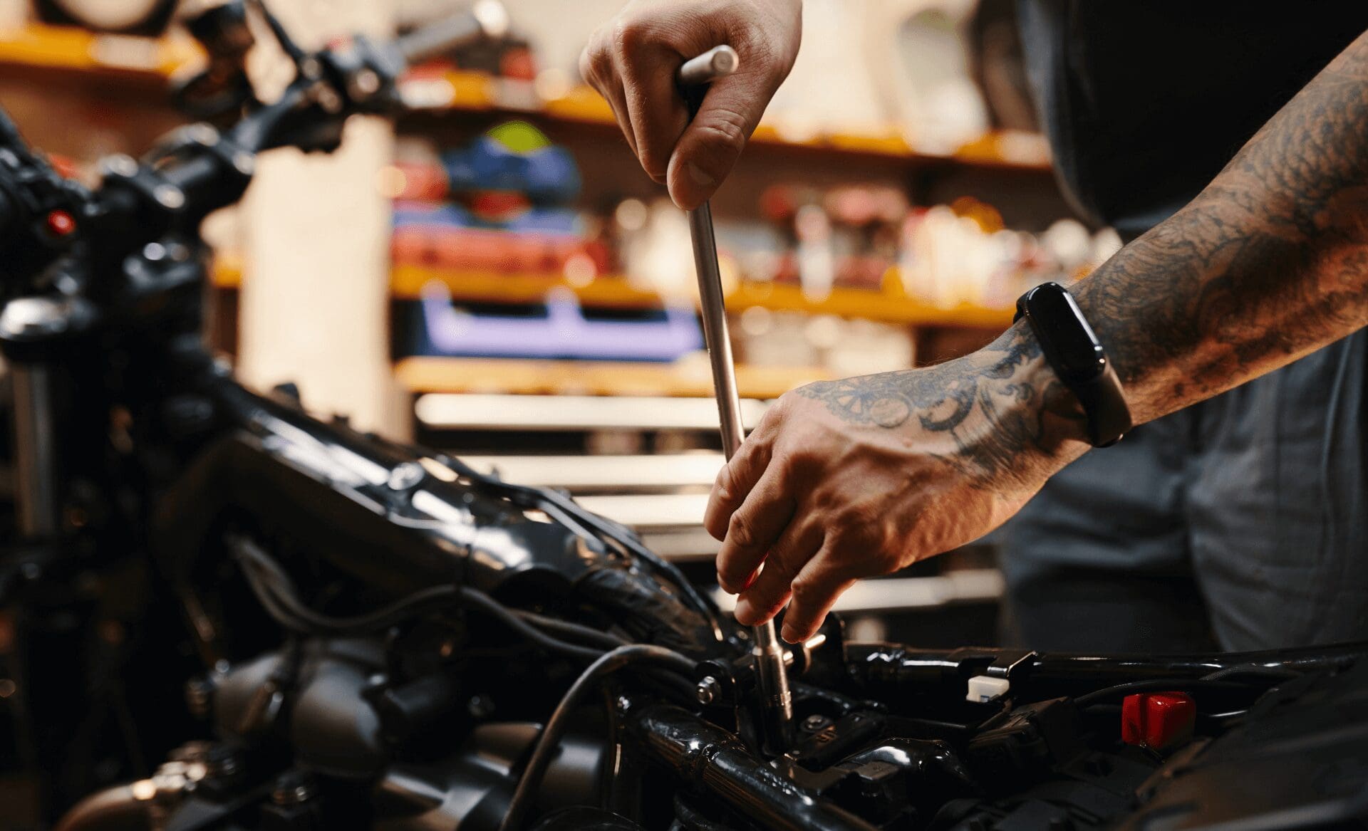 motorcycle diagnostic and repair in progress by mechanic