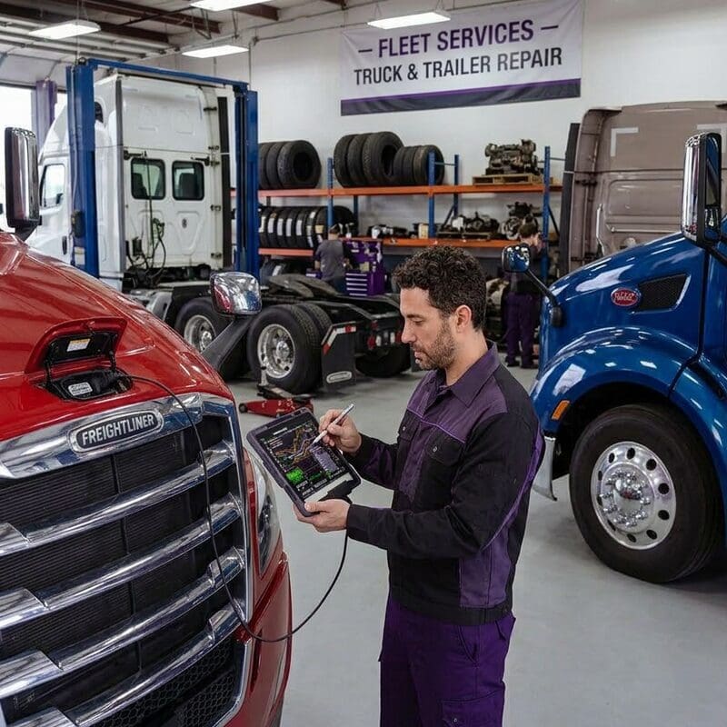 tech with semi trucks in bays