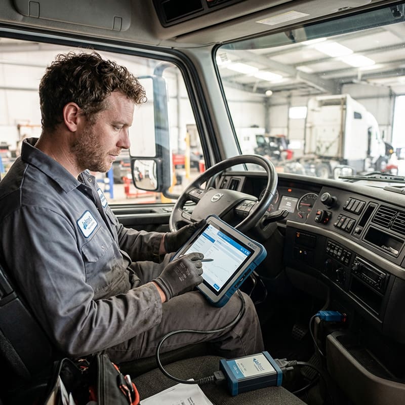 Technician using diagnostic equipment in a commercial truck (1)