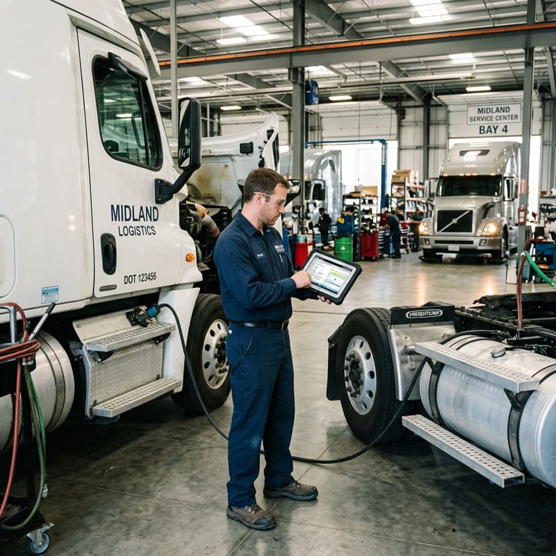 commercial vechile service bays with tech scanning truck