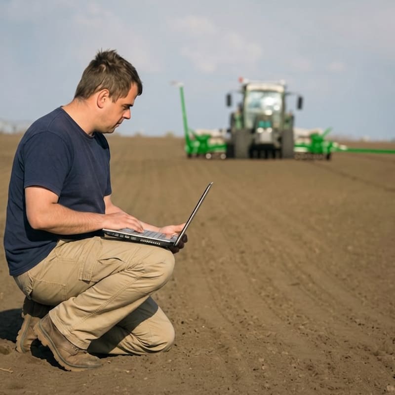 John deere farm equipment in the distance with tech reading repair