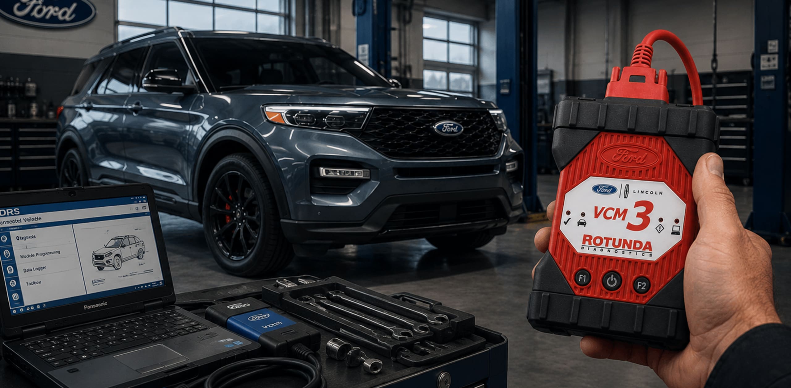 Ford VCM in ford shop with rugged laptop